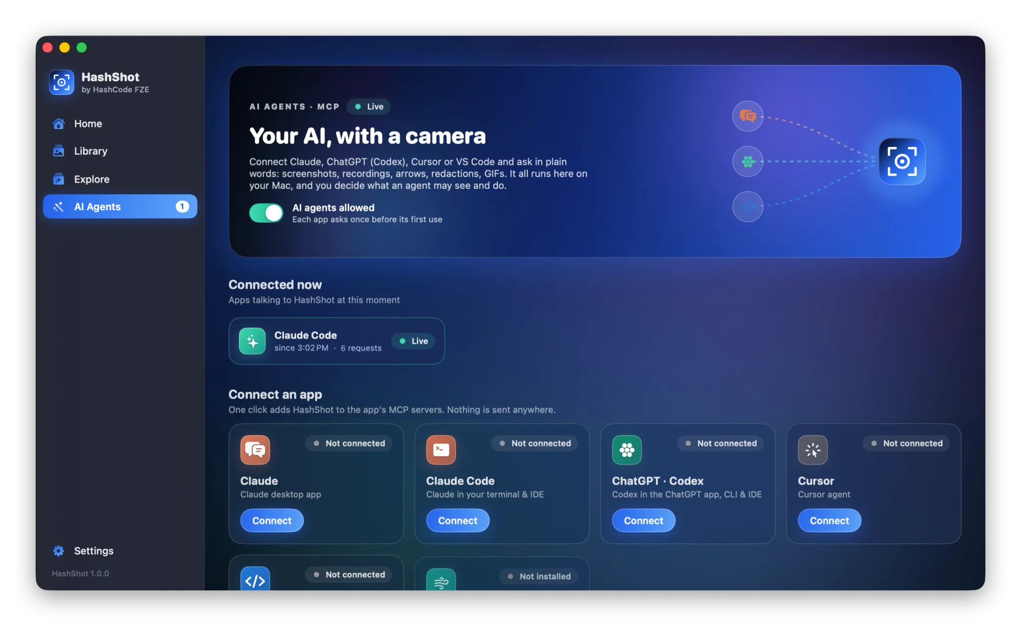 The AI Agents page in HashShot, showing Claude Code connected and one click buttons to connect Claude, ChatGPT Codex and Cursor.