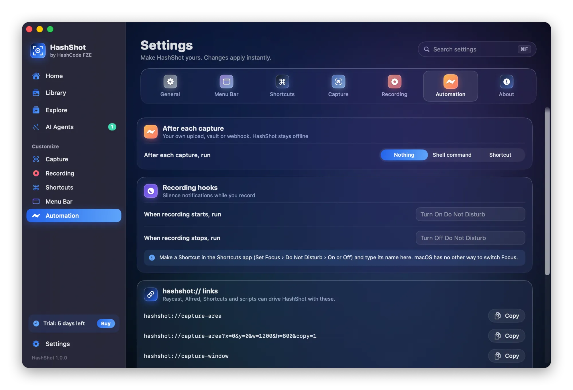 HashShot Settings, Automation: run a shell command or Shortcut after each capture, recording hooks and hashshot links.