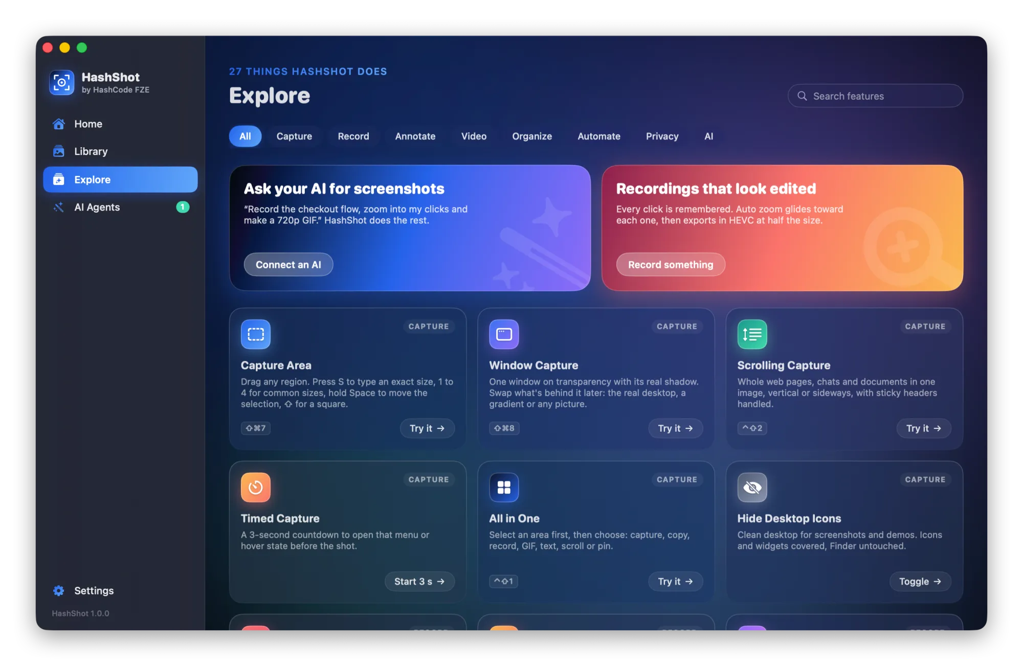 The HashShot Explore page listing features including Scrolling Capture, Capture Area and Window Capture.