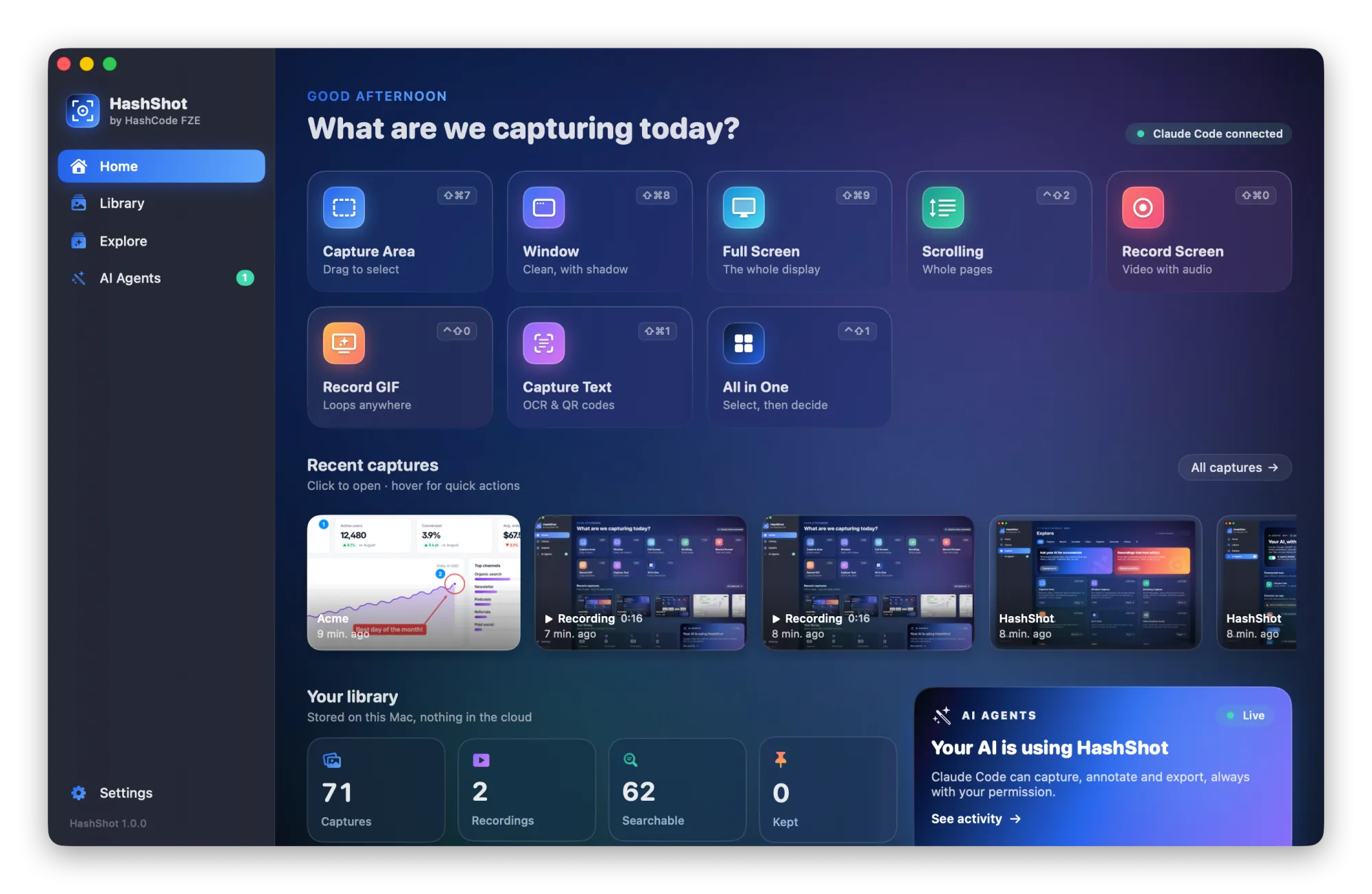 The HashShot window: capture buttons for area, window, full screen, scrolling, recording, GIF, text and All in One, with recent captures below.