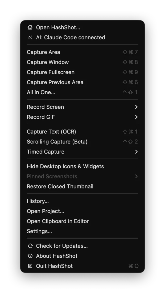 The HashShot menu bar menu with Capture Area, Capture Window, Capture Fullscreen, Record Screen, Record GIF, Capture Text and Scrolling Capture.