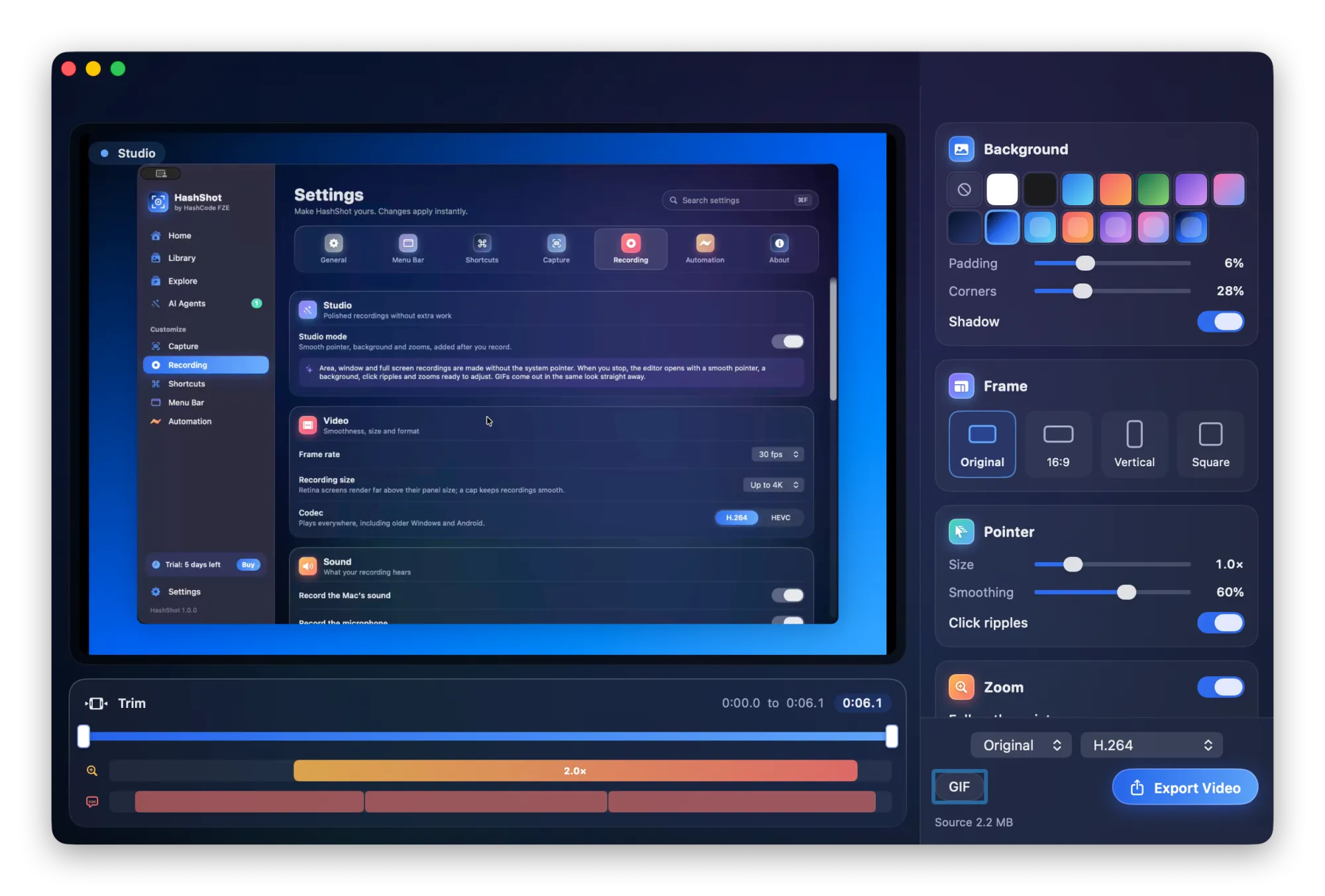 The HashShot video editor showing a recording on a blue background, with controls for background, frame shape, pointer, zoom and captions.